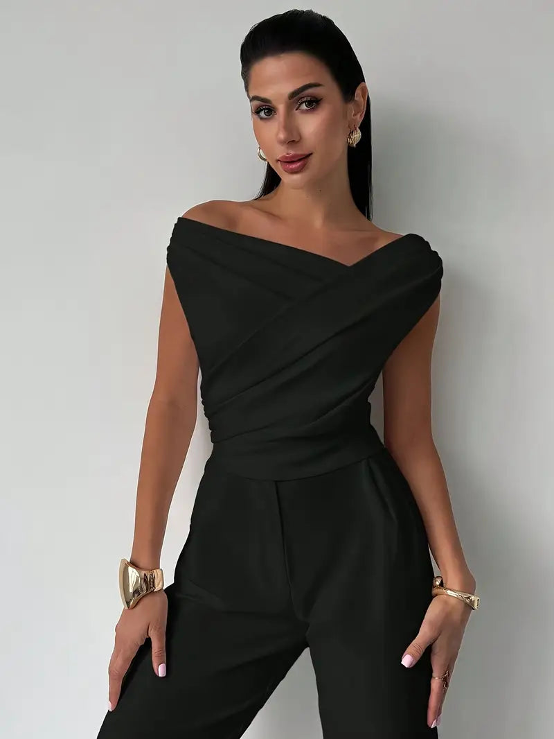 Women's Asymmetrical Draped Neckline Top with Crisscross Detail – Micro-Stretch Knit