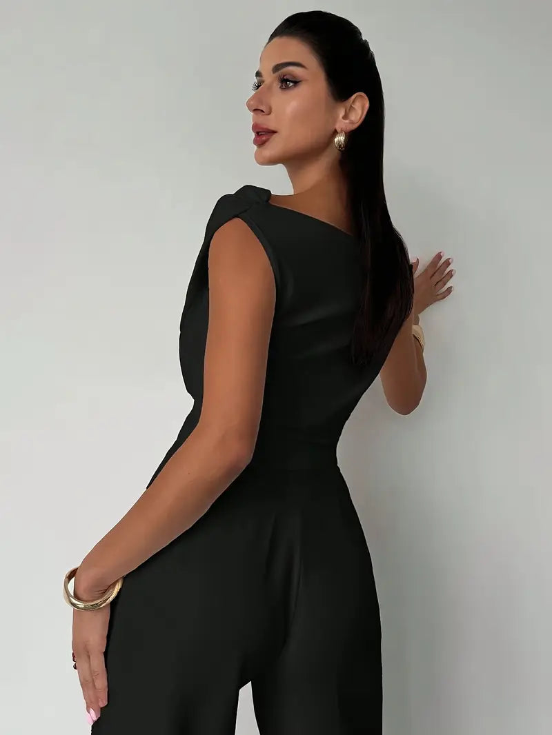 Women's Asymmetrical Draped Neckline Top with Crisscross Detail – Micro-Stretch Knit