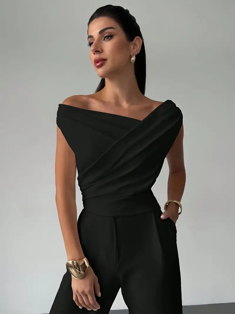 Women's Asymmetrical Draped Neckline Top with Crisscross Detail – Micro-Stretch Knit