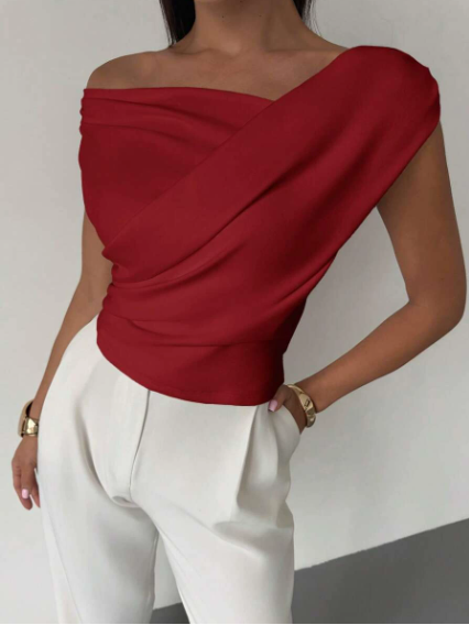 Women's Asymmetrical Draped Neckline Top with Crisscross Detail – Micro-Stretch Knit