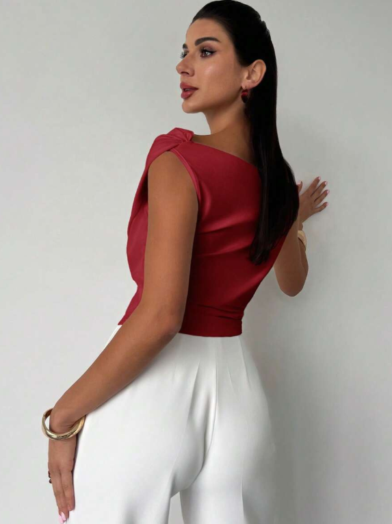 Women's Asymmetrical Draped Neckline Top with Crisscross Detail – Micro-Stretch Knit