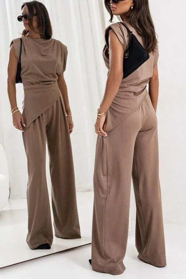 Women's Two-Piece Draped Set – Wide-Leg Pants & Asymmetrical Top