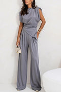 Women's Two-Piece Draped Set – Wide-Leg Pants & Asymmetrical Top