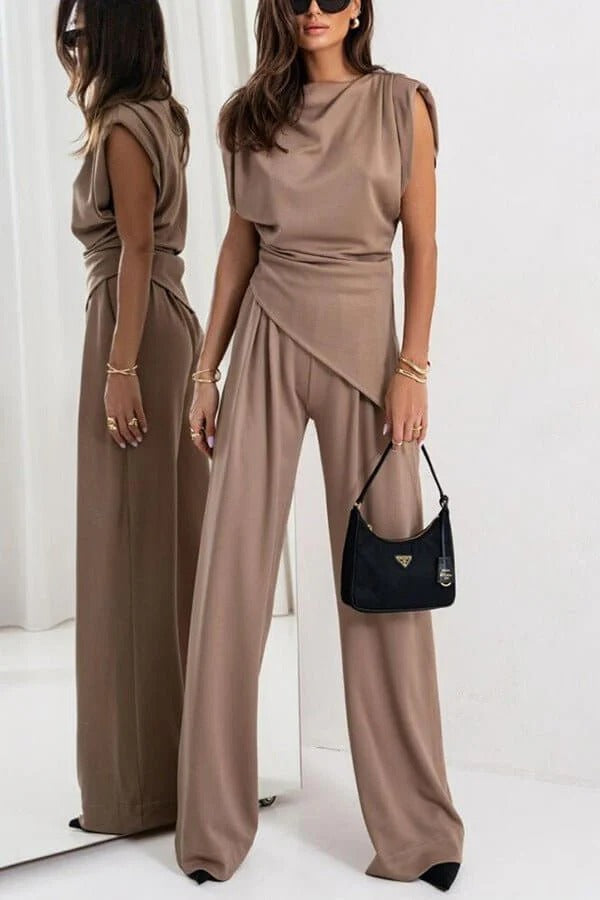 Women's Two-Piece Draped Set – Wide-Leg Pants & Asymmetrical Top