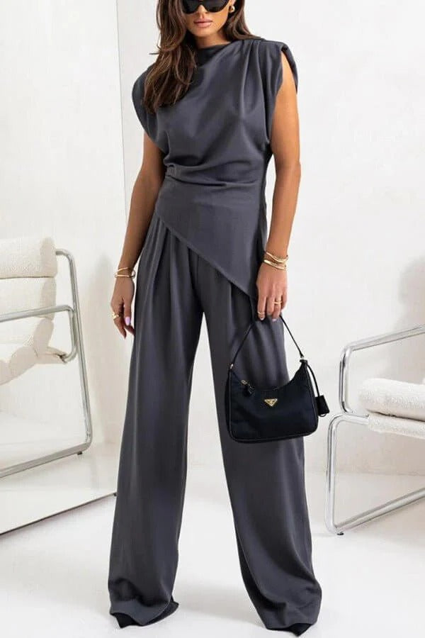 Women's Two-Piece Draped Set – Wide-Leg Pants & Asymmetrical Top