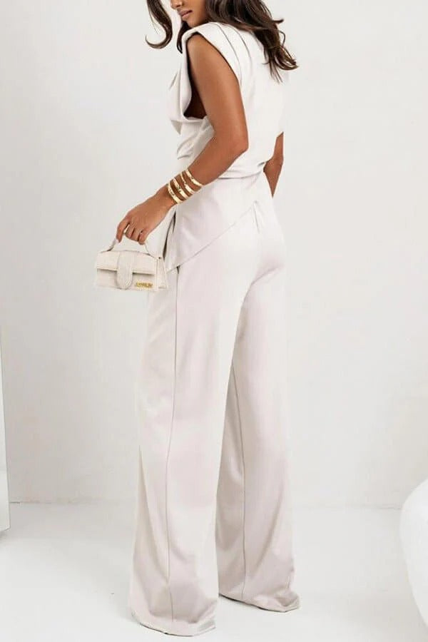 Women's Two-Piece Draped Set – Wide-Leg Pants & Asymmetrical Top