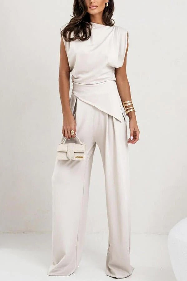 Women's Two-Piece Draped Set – Wide-Leg Pants & Asymmetrical Top