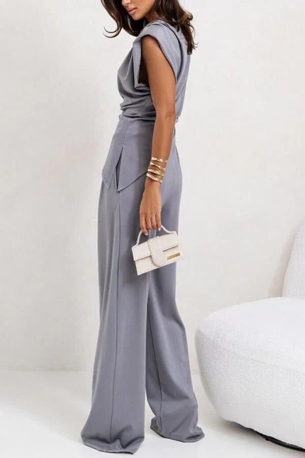 Women's Two-Piece Draped Set – Wide-Leg Pants & Asymmetrical Top