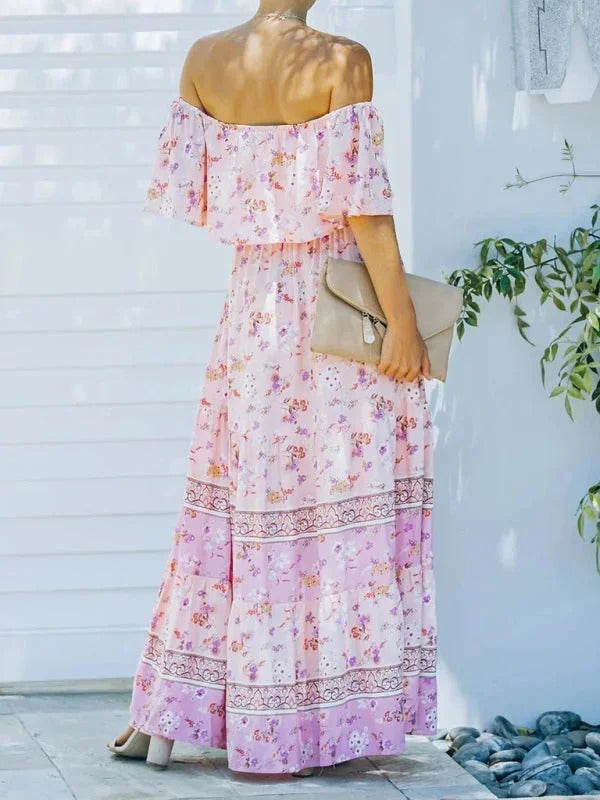 Women's Long Floral Dress with Bare Shoulders – Flowing Flounced Silhouette
