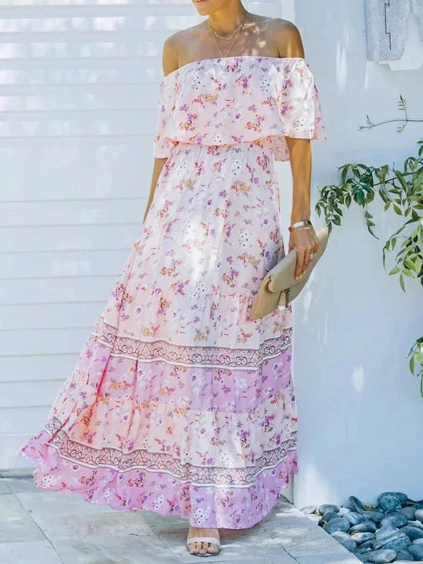 Women's Long Floral Dress with Bare Shoulders – Flowing Flounced Silhouette