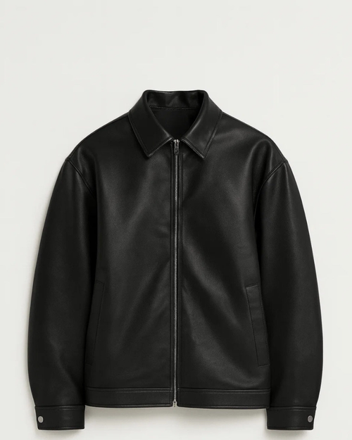 Men's Black Leather Jacket – Zip Closure, Loose Fit