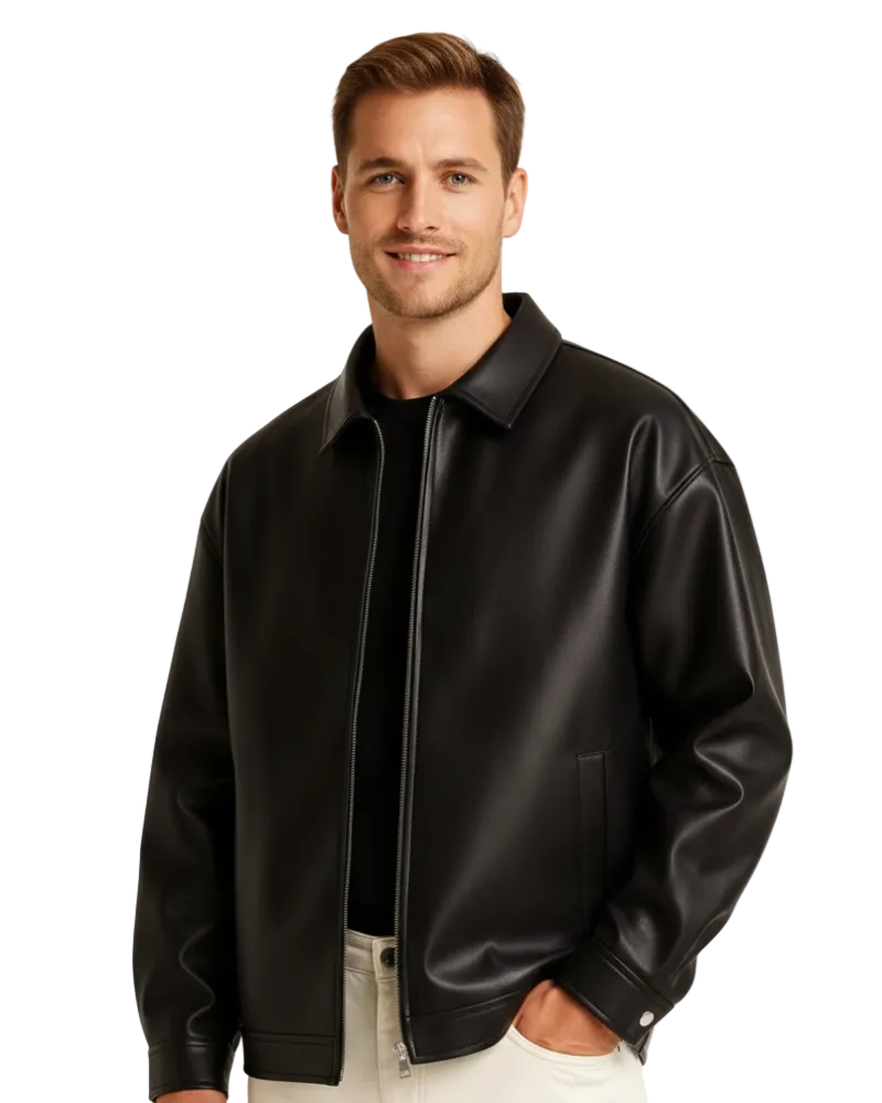 Men's Black Leather Jacket – Zip Closure, Loose Fit