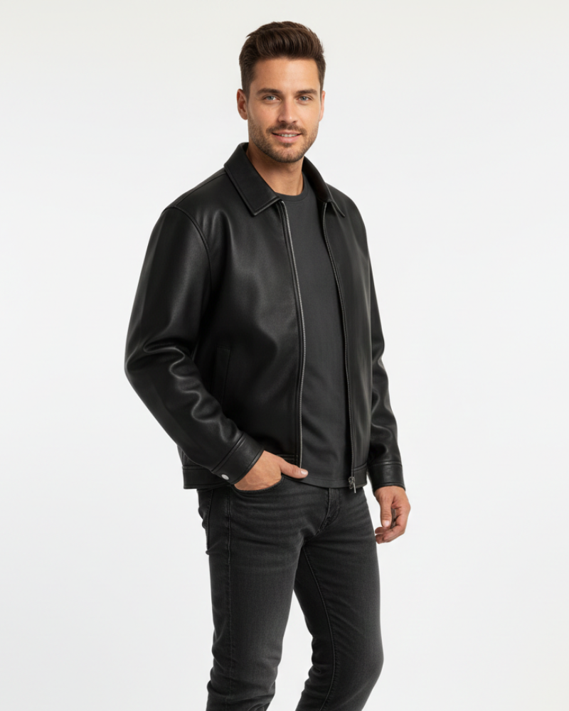 Men's Black Leather Jacket – Zip Closure, Loose Fit