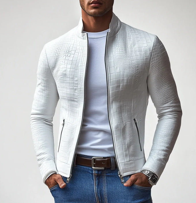 Men's Stand-Collar Faux Leather Jacket – Zip Closure, Tailored Fit