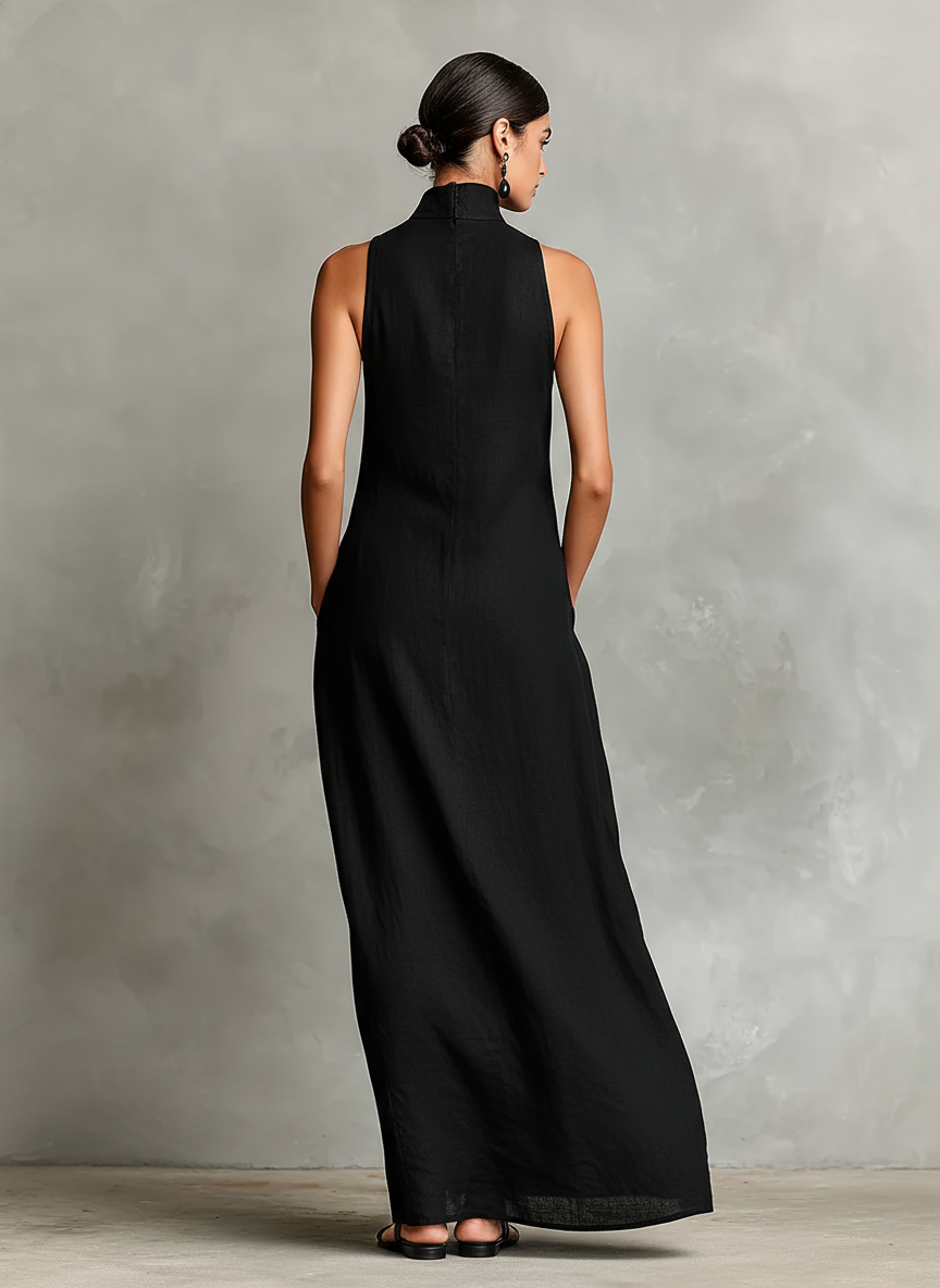 Long Women's Dress with High Collar – Fluid and Elegant Silhouette