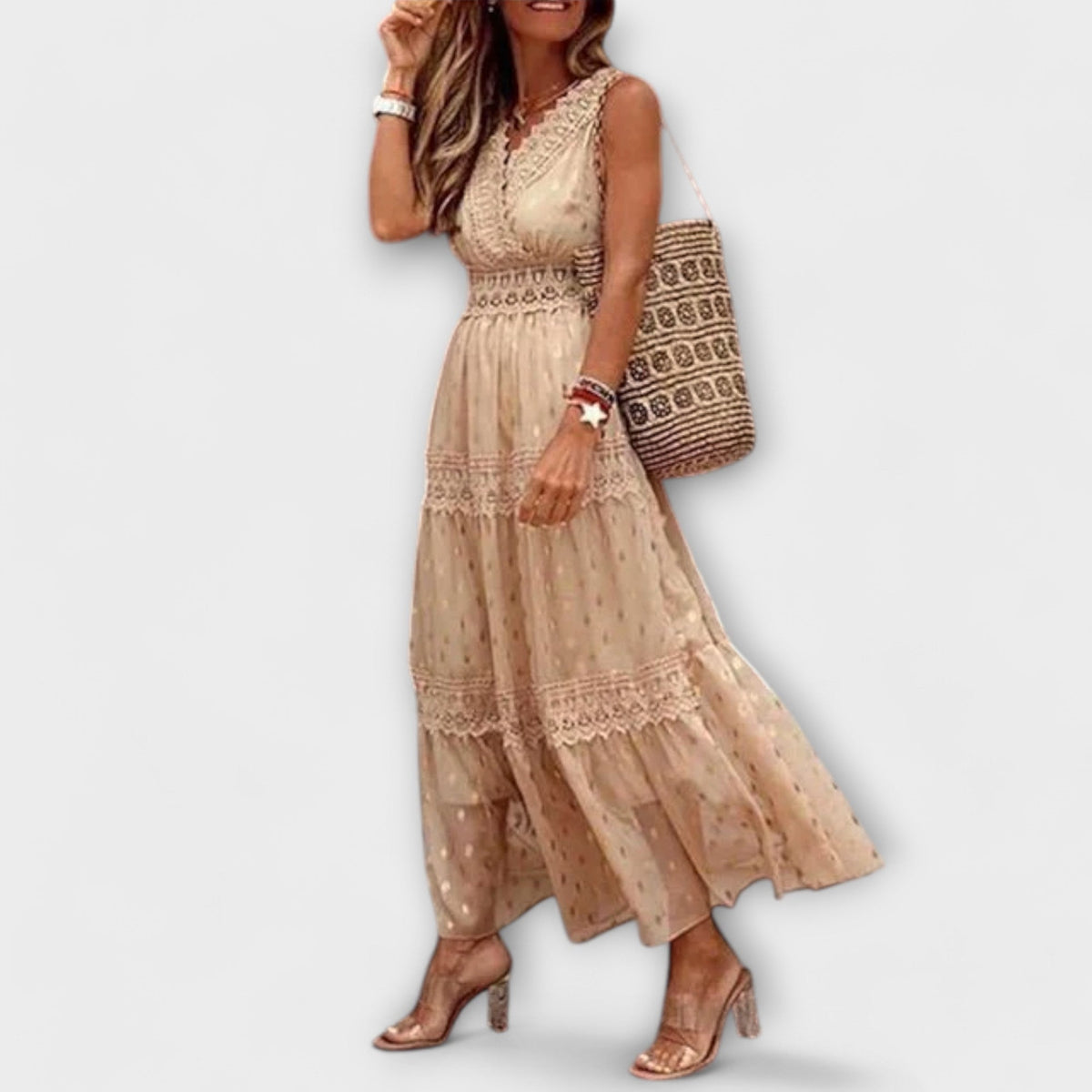Bohemian Long Dress for Women – V-Neck Lace & Tiered Skirt