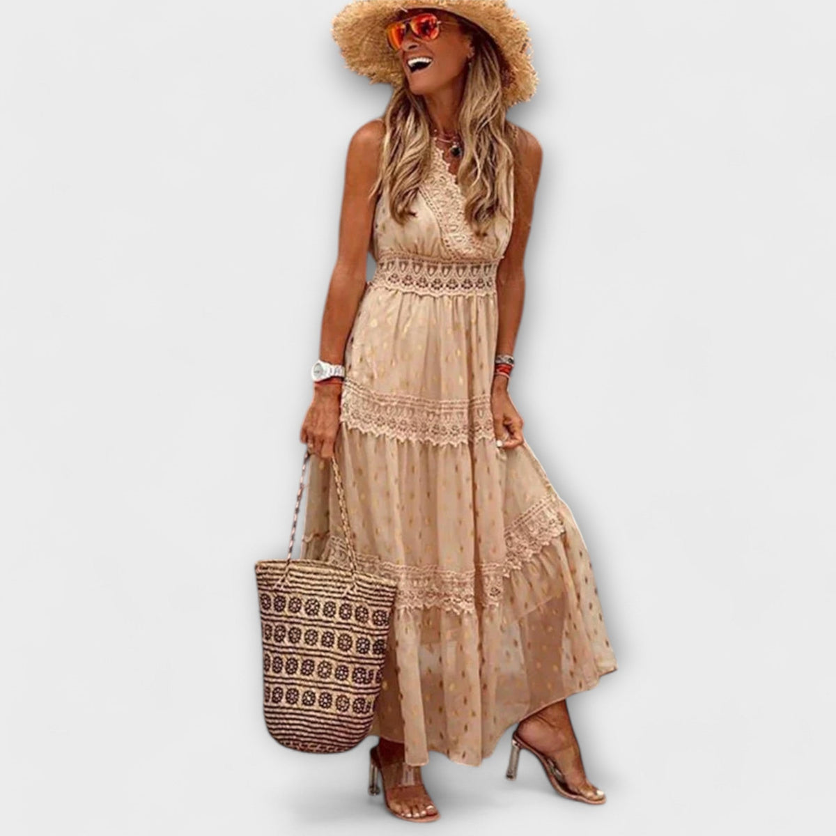 Bohemian Long Dress for Women – V-Neck Lace & Tiered Skirt