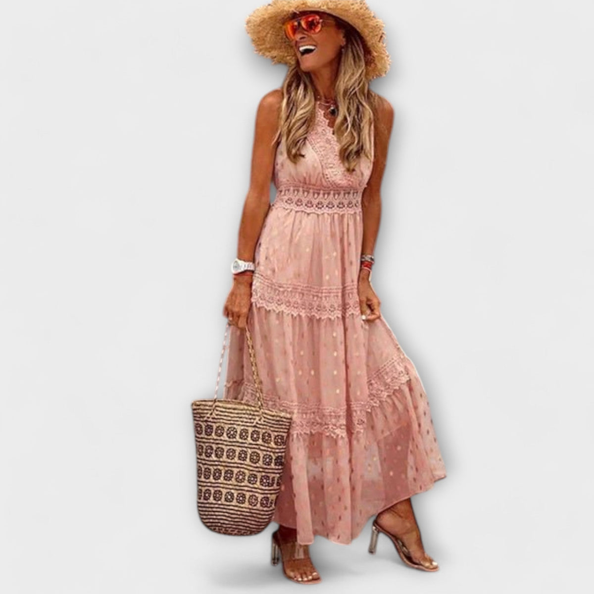 Bohemian Long Dress for Women – V-Neck Lace & Tiered Skirt