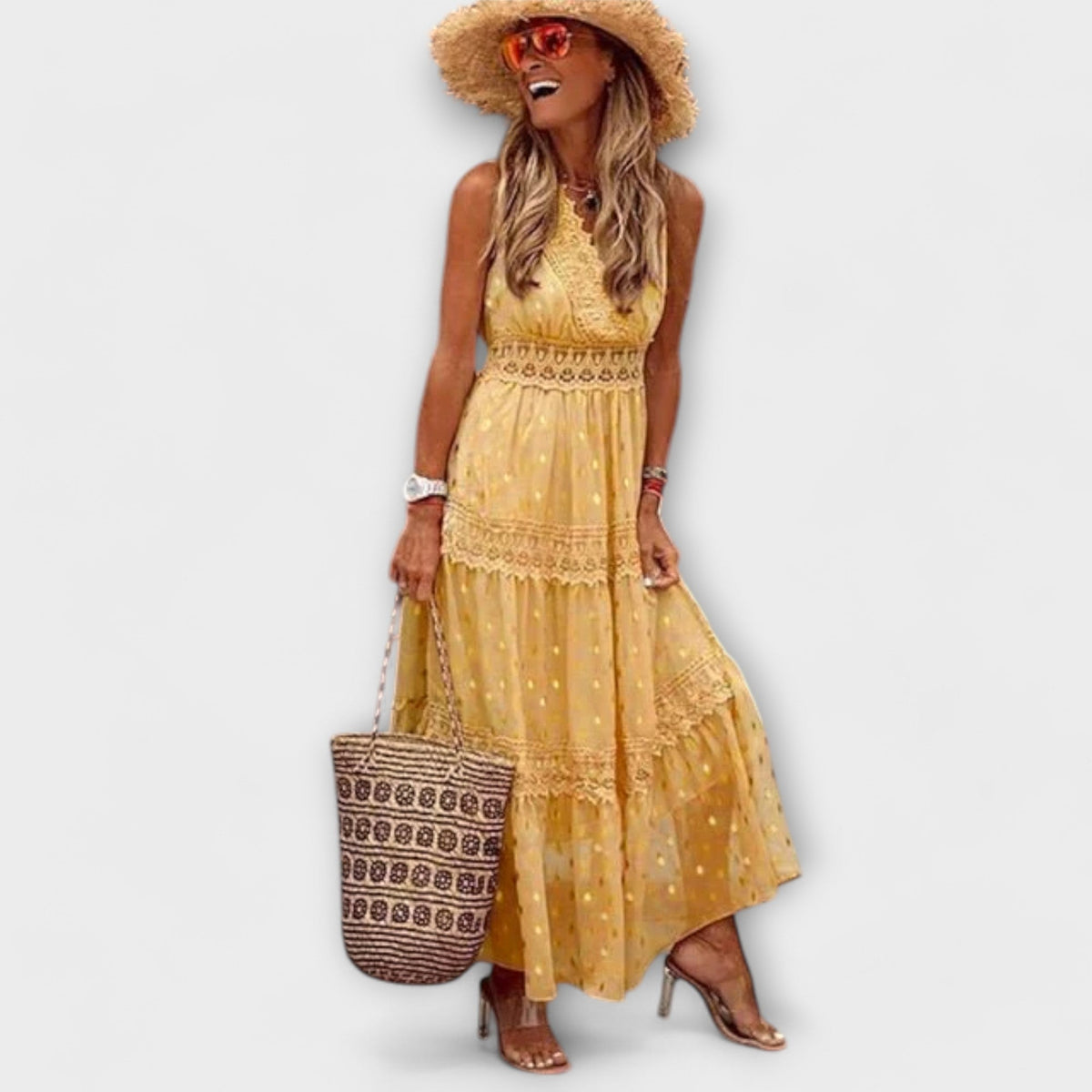 Bohemian Long Dress for Women – V-Neck Lace & Tiered Skirt