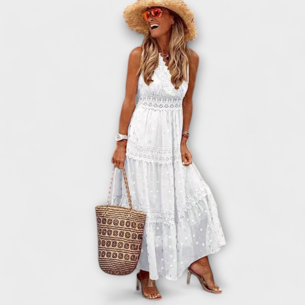 Bohemian Long Dress for Women – V-Neck Lace & Tiered Skirt