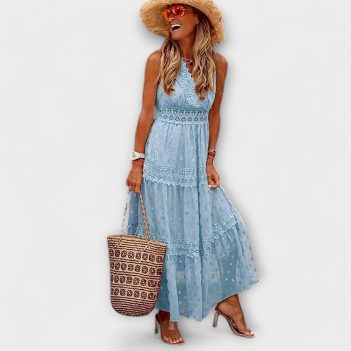 Bohemian Long Dress for Women – V-Neck Lace & Tiered Skirt
