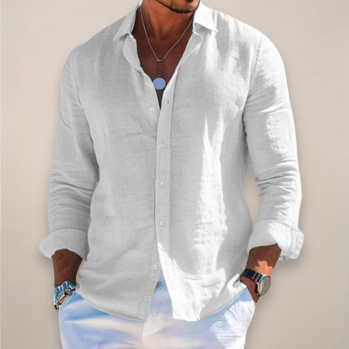 Men's Linen-Style Buttoned Shirt – Long Sleeves Relaxed Fit