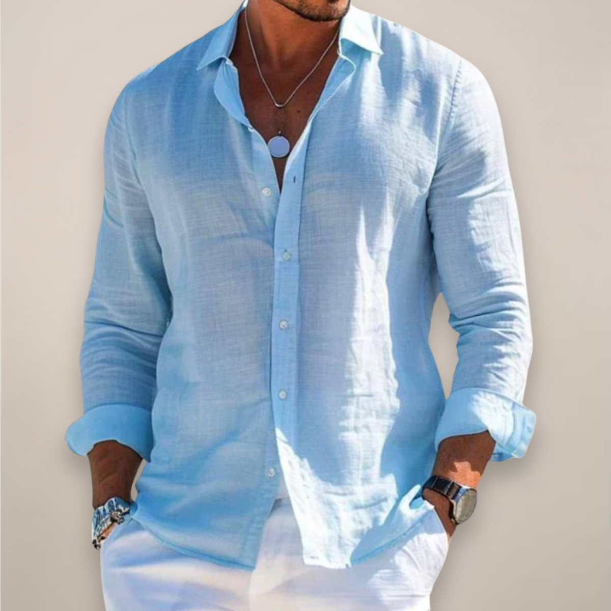 Men's Linen-Style Buttoned Shirt – Long Sleeves Relaxed Fit