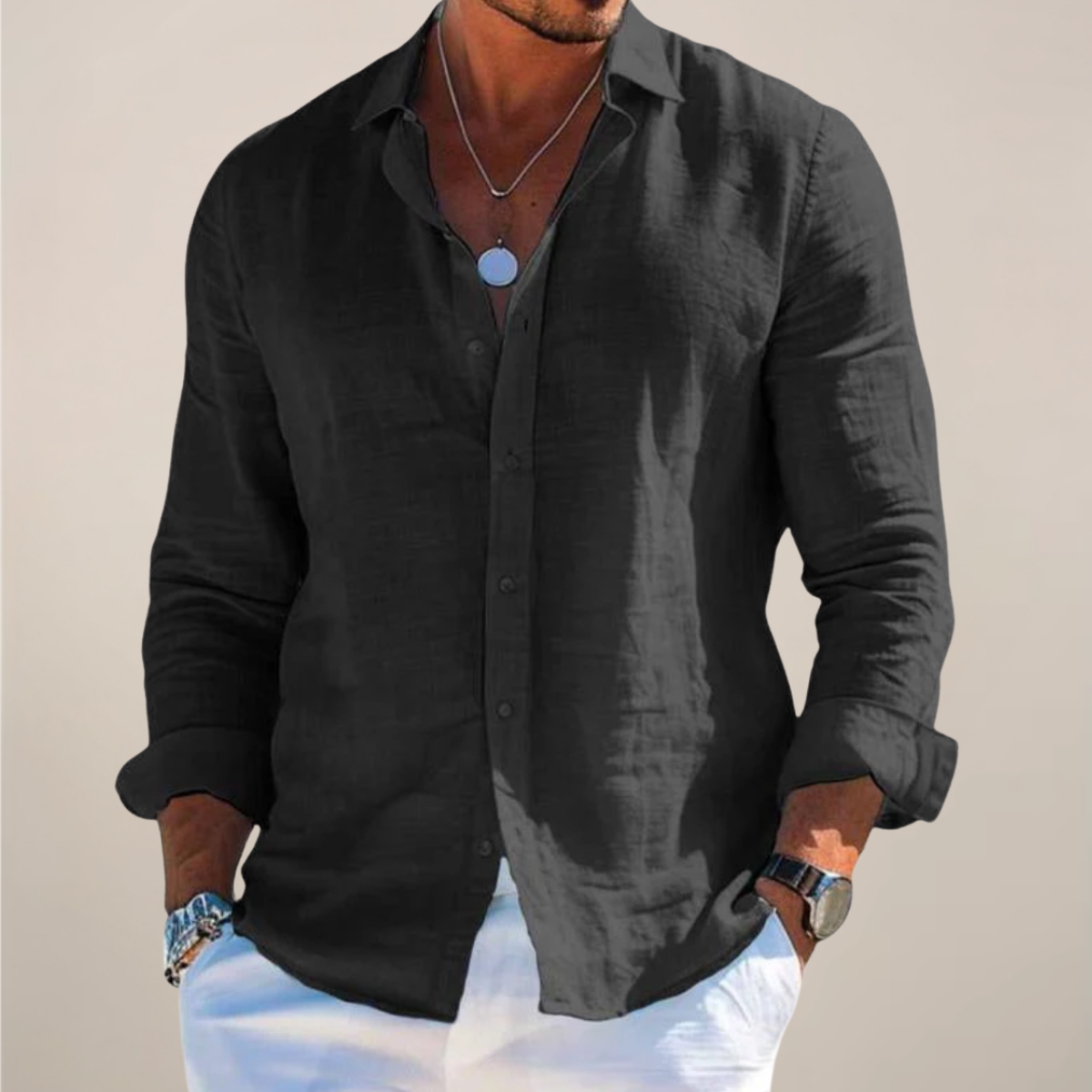 Men's Linen-Style Buttoned Shirt – Long Sleeves Relaxed Fit
