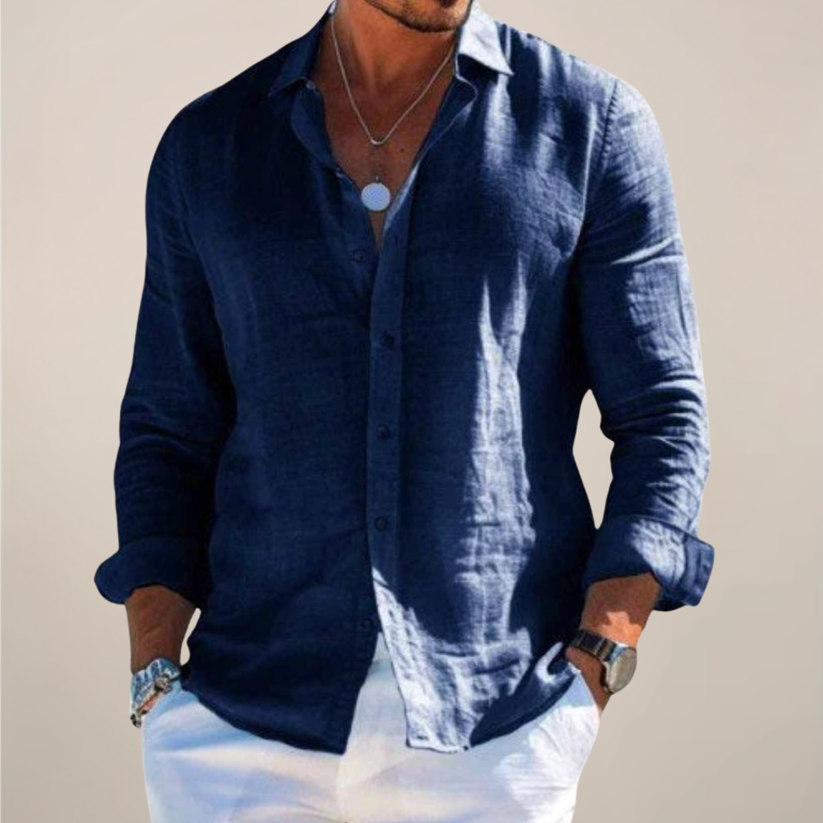 Men's Linen-Style Buttoned Shirt – Long Sleeves Relaxed Fit