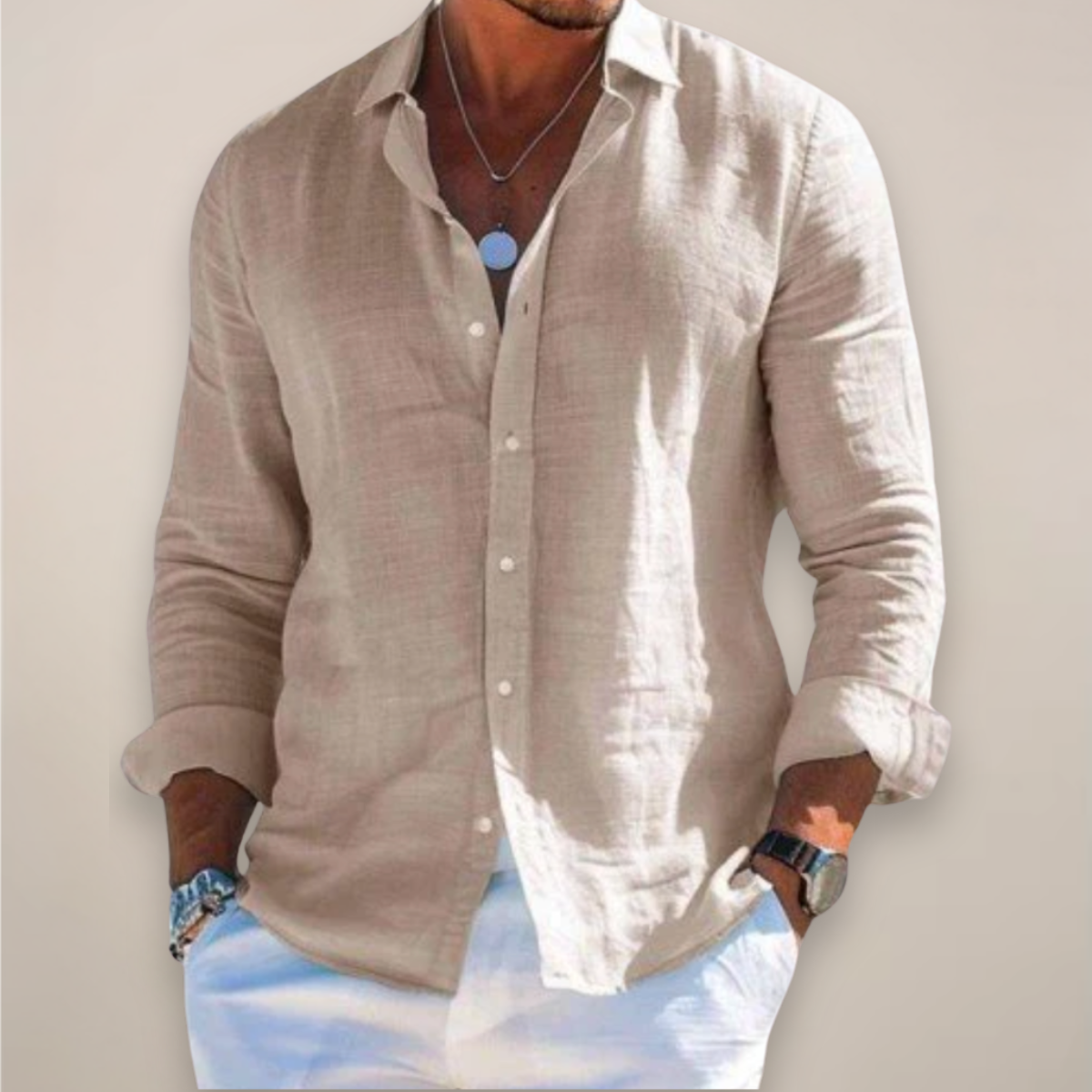 Men's Linen-Style Buttoned Shirt – Long Sleeves Relaxed Fit