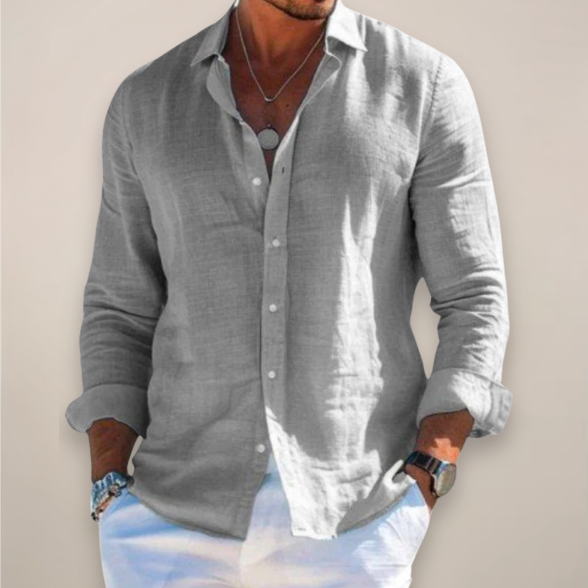 Men's Linen-Style Buttoned Shirt – Long Sleeves Relaxed Fit