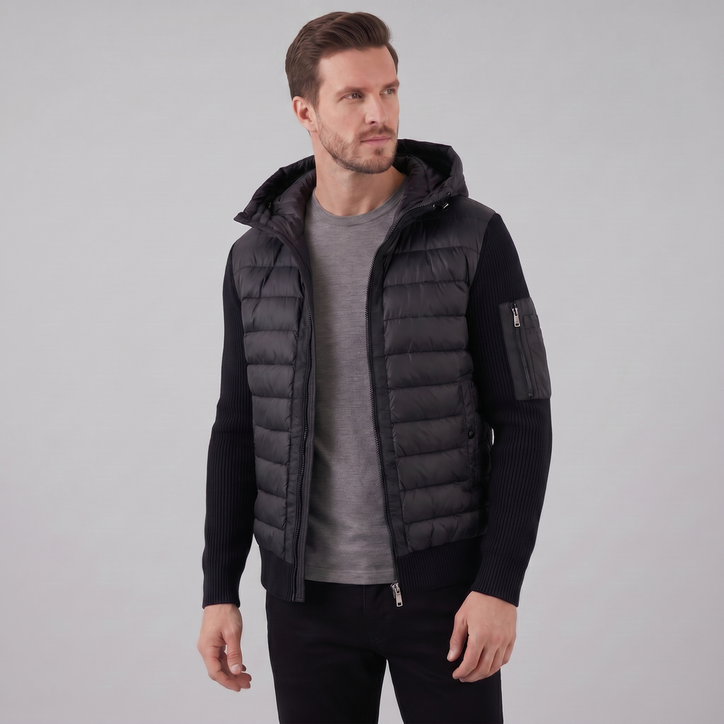 Men's Quilted Hybrid Hoodie Jacket – Ribbed Knit Sleeves