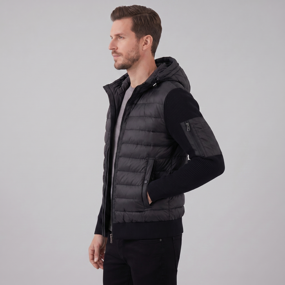 Men's Quilted Hybrid Hoodie Jacket – Ribbed Knit Sleeves