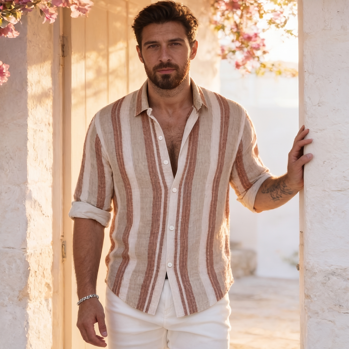 Men's Short Sleeve Striped Shirt – Breathable Textured Fabric