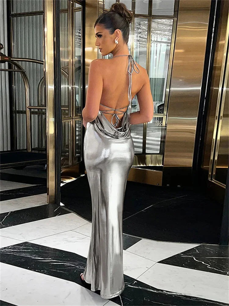 Women's Long Dress with Metallic Effect – Elegant Open Back