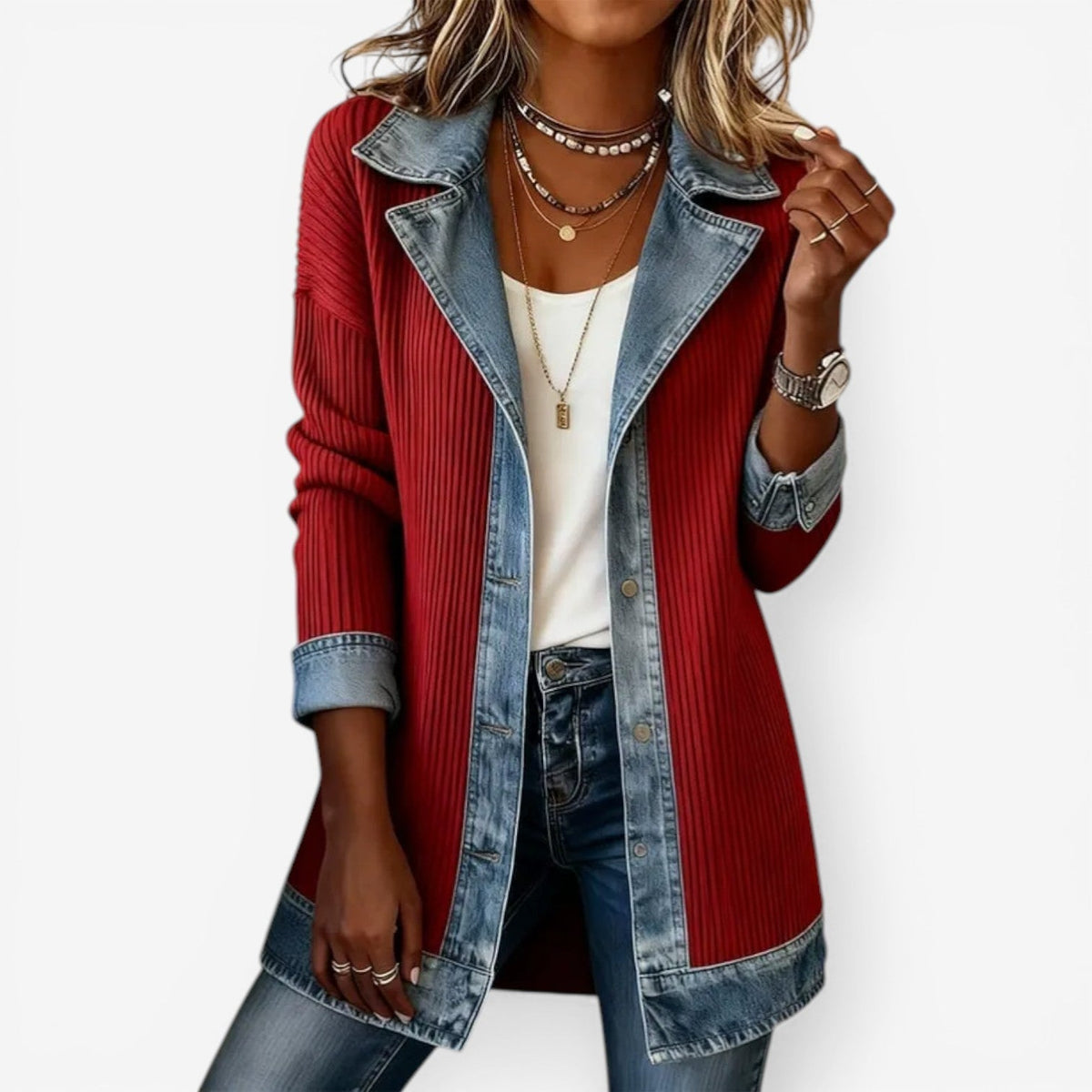 Women's Soft Knit Blazer – Denim Trim and Long Silhouette