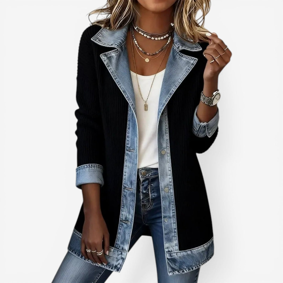 Women's Soft Knit Blazer – Denim Trim and Long Silhouette