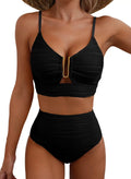 High-Waisted Women's Bikini – Textured Stretch Fabric with U-Ring Detail