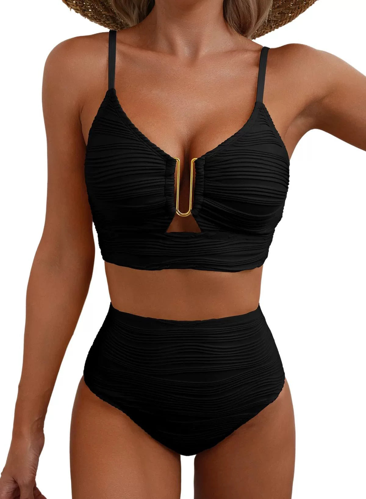 High-Waisted Women's Bikini – Textured Stretch Fabric with U-Ring Detail