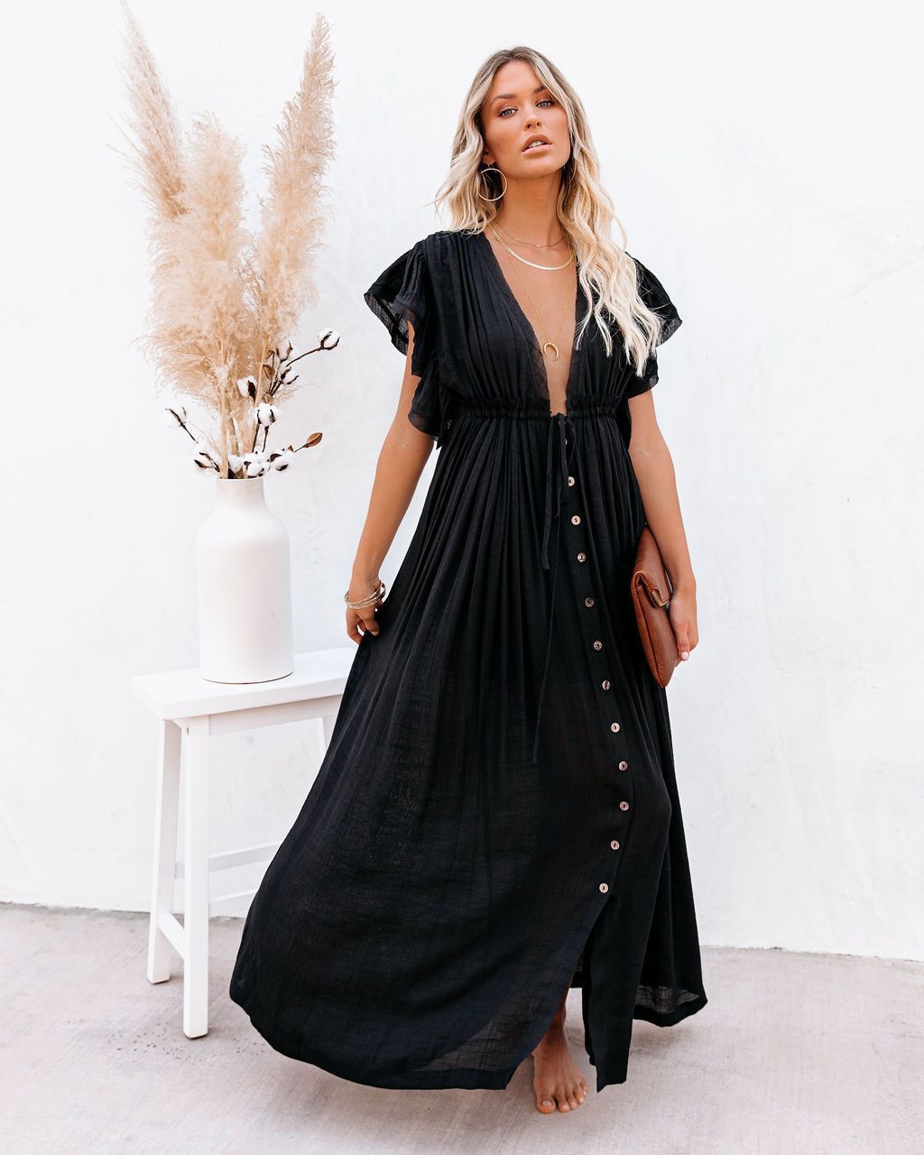 Women's Bohemian Lightweight Maxi Dress – Buttoned Style with Drawstring Waist