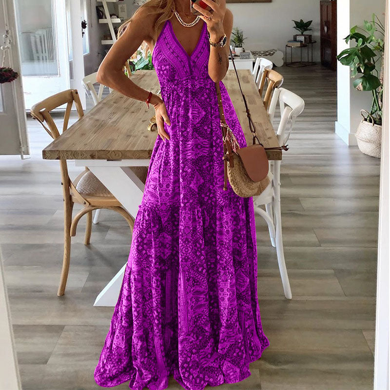 Women's Bohemian Lightweight Maxi Dress – Flowing High-Waist V-Neck Silhouette
