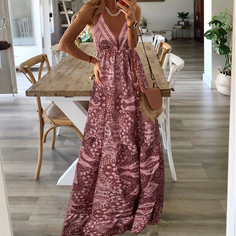 Women's Bohemian Lightweight Maxi Dress – Flowing High-Waist V-Neck Silhouette