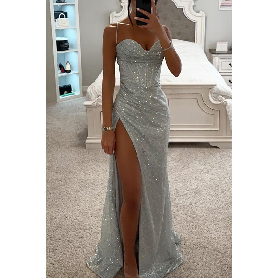 Sparkling Long Women's Dress – Sculpted Bustier and High Slit