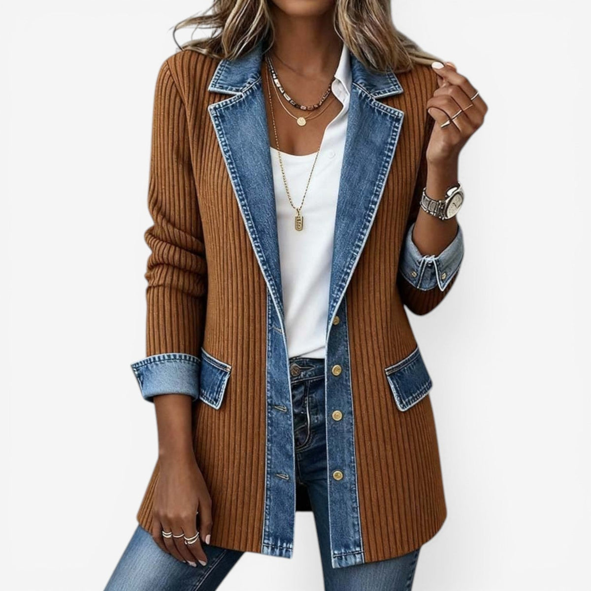 Women's Soft Knit Blazer – Denim Trim and Long Silhouette