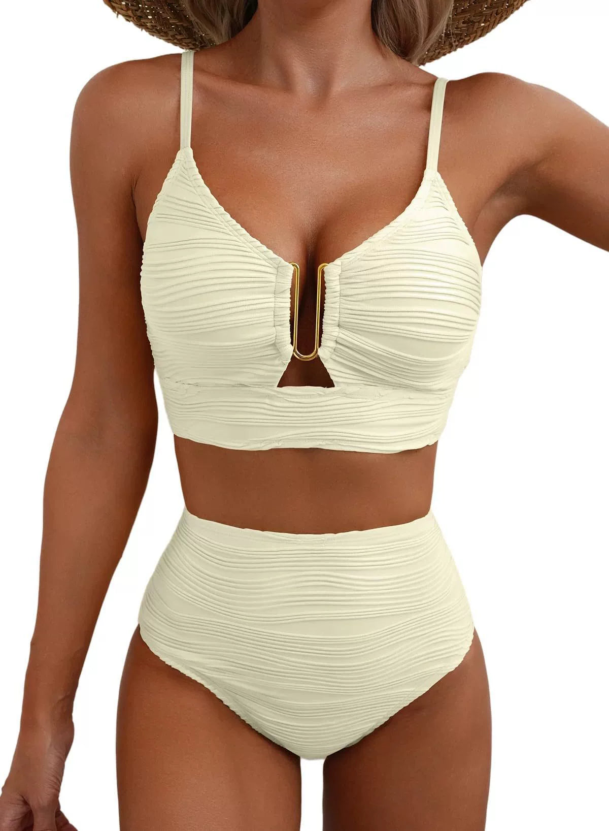 High-Waisted Women's Bikini – Textured Stretch Fabric with U-Ring Detail