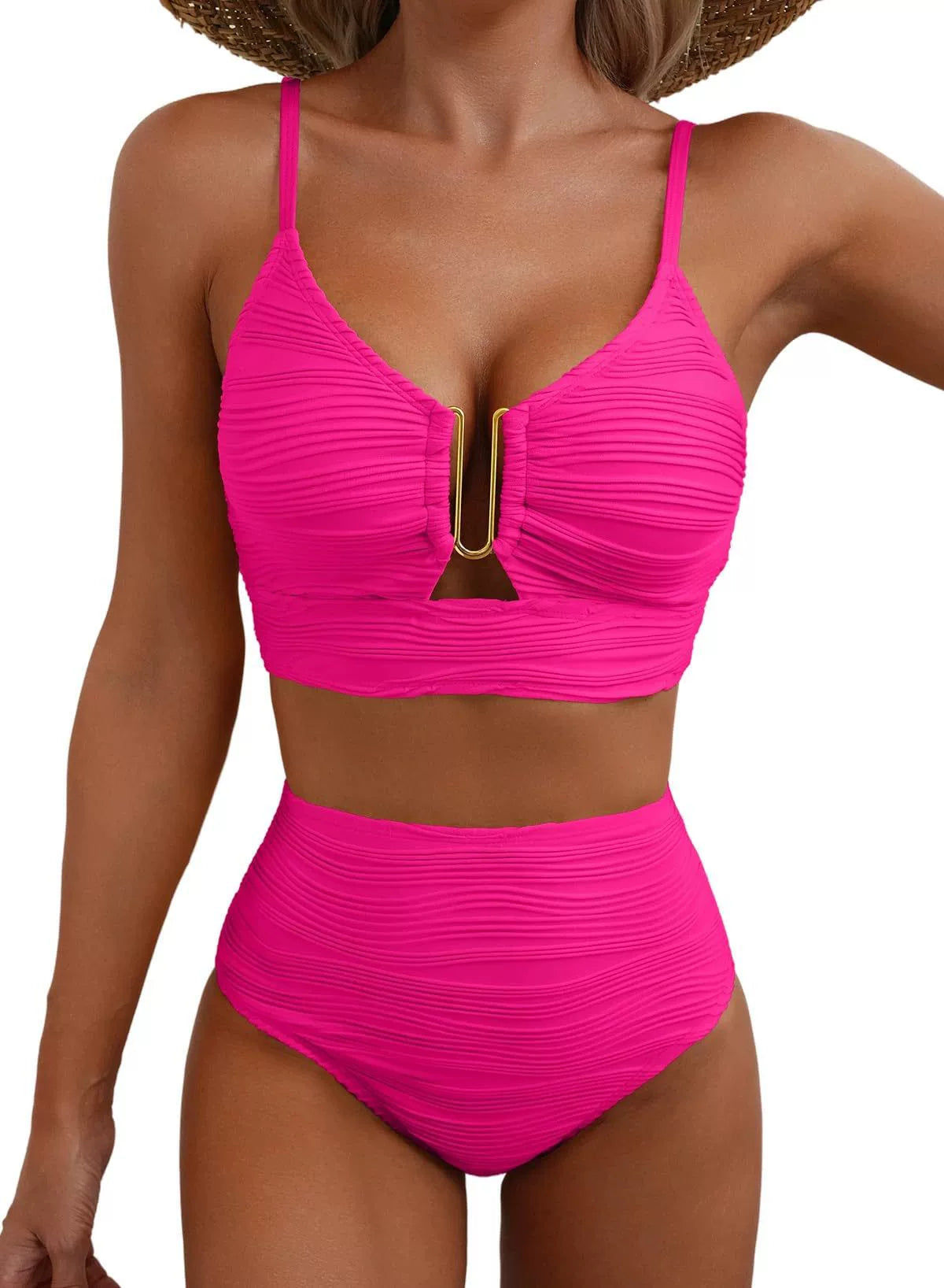 High-Waisted Women's Bikini – Textured Stretch Fabric with U-Ring Detail