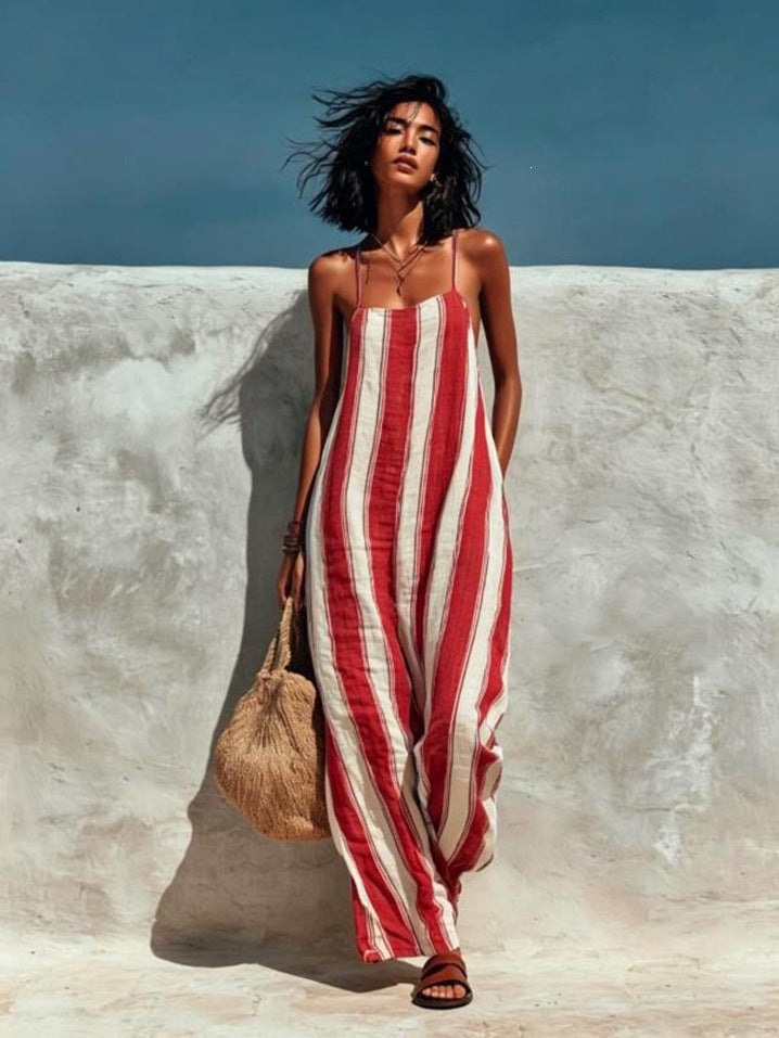 Women's Wide-Leg Striped Jumpsuit – Thin Straps Sleeveless