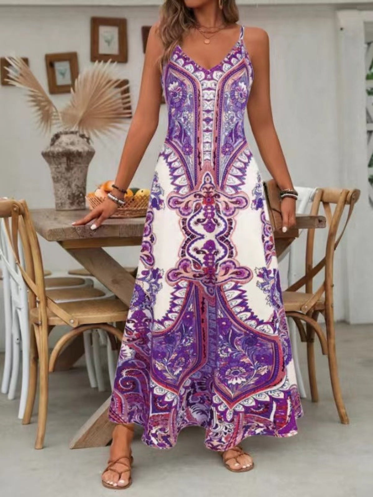 Women's Long Bohemian Dress – Sleeveless Mandala Print
