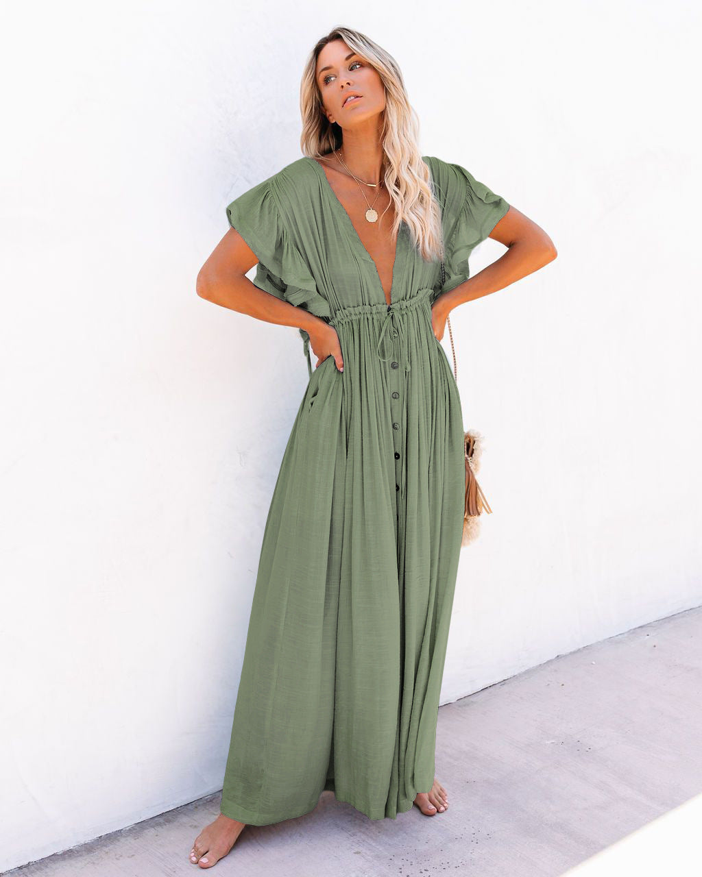 Women's Bohemian Lightweight Maxi Dress – Buttoned Style with Drawstring Waist