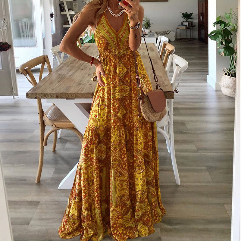 Women's Bohemian Lightweight Maxi Dress – Flowing High-Waist V-Neck Silhouette